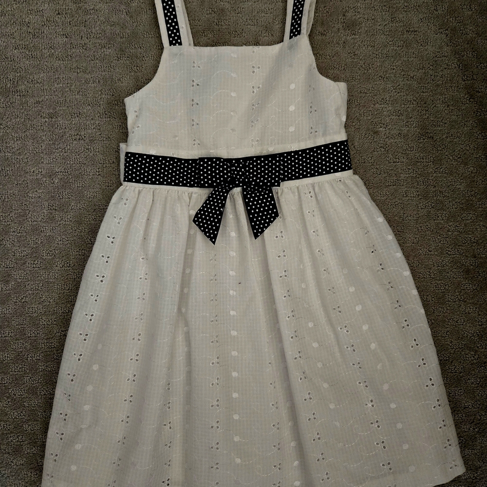 Bonnie Jean White Dress with Blue Polka Dot Bow